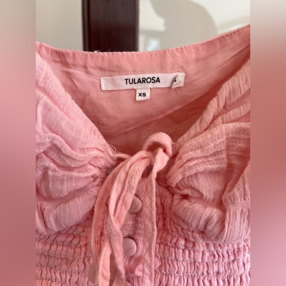 》 Tularosa Cooper Pink Button Front Ruffle Puff Sleeve Smocked Cropped Top - Picture 6 of 7